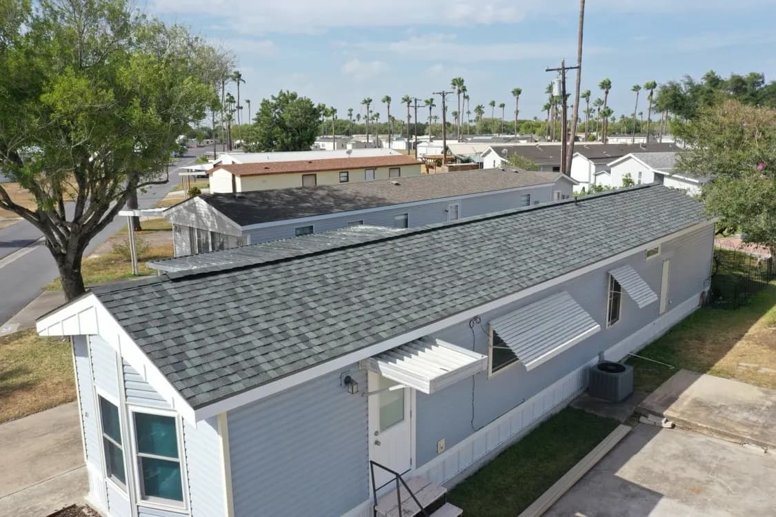 Finished CertainTeed shingle roof on the rebuilt Harlingen mobile home