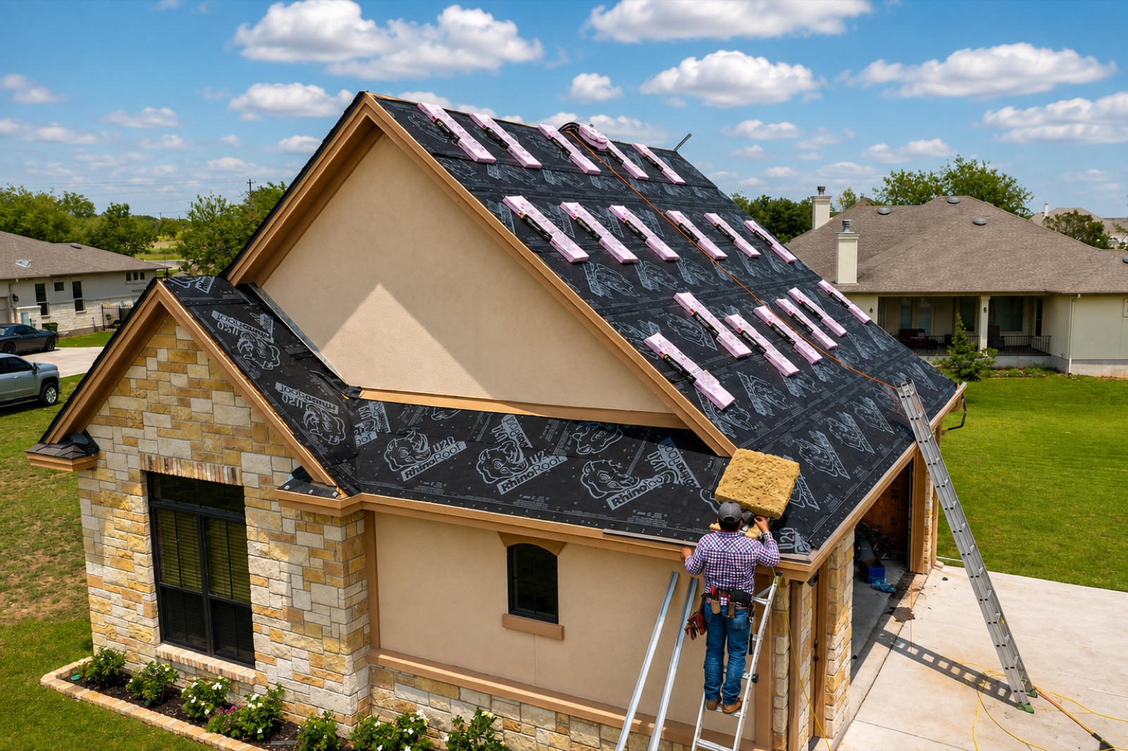 Roofer installing synthetic underlayment on a Rio Grande Valley home